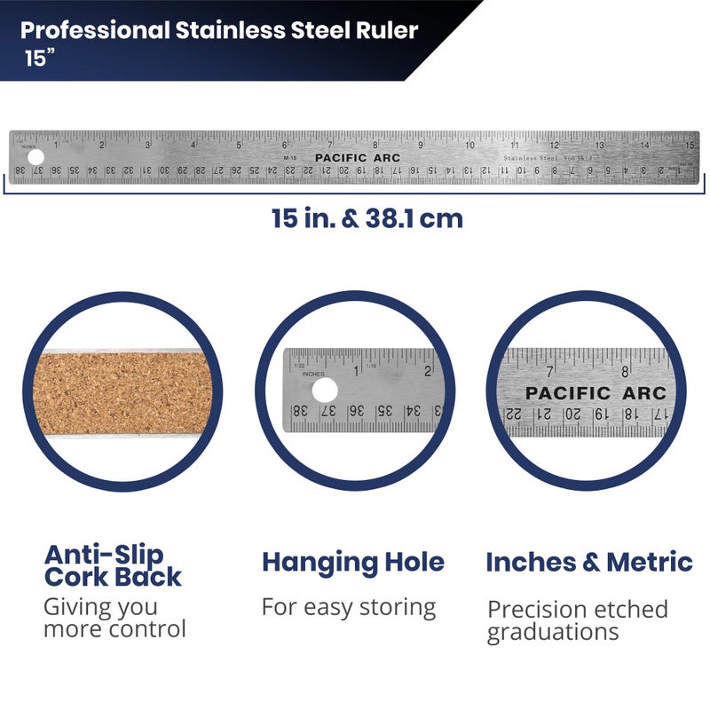 Pacific Arc Stainless Steel 15 Inch Metal Ruler Non-Slip Cork Back, with Inch and Metric Graduations - Image 3